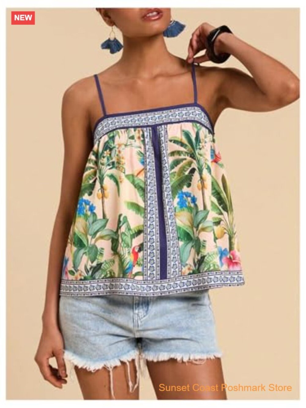 Tropical Floral Print Cami Top Spaghetti Strap Boho Vacation - Picture 4 of 5